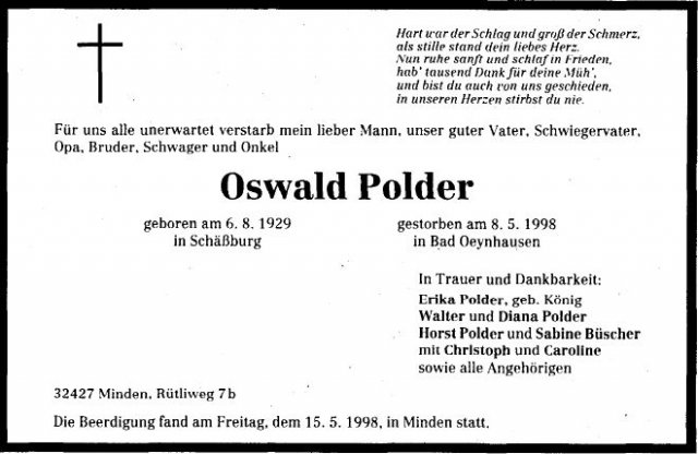 Polder Oswald 1929-1998 Todesanzeige